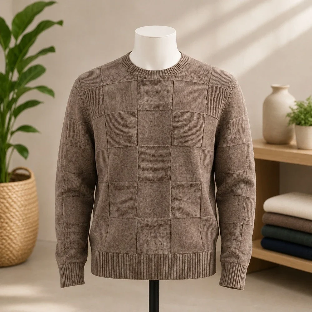 Dockers Crewneck Sweater Mens Medium Brown Cotton Basketweave Textured Knit